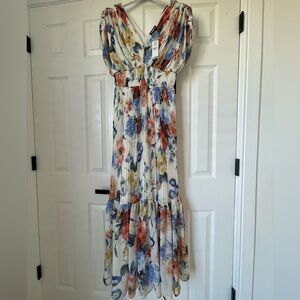 NWT Express Floral Draped Sleeve Pleated Maxi Dress